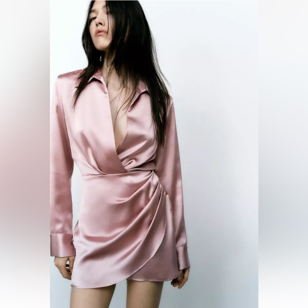 NWT ZARA Elegant Dusty Pink Satin Wrap Dress